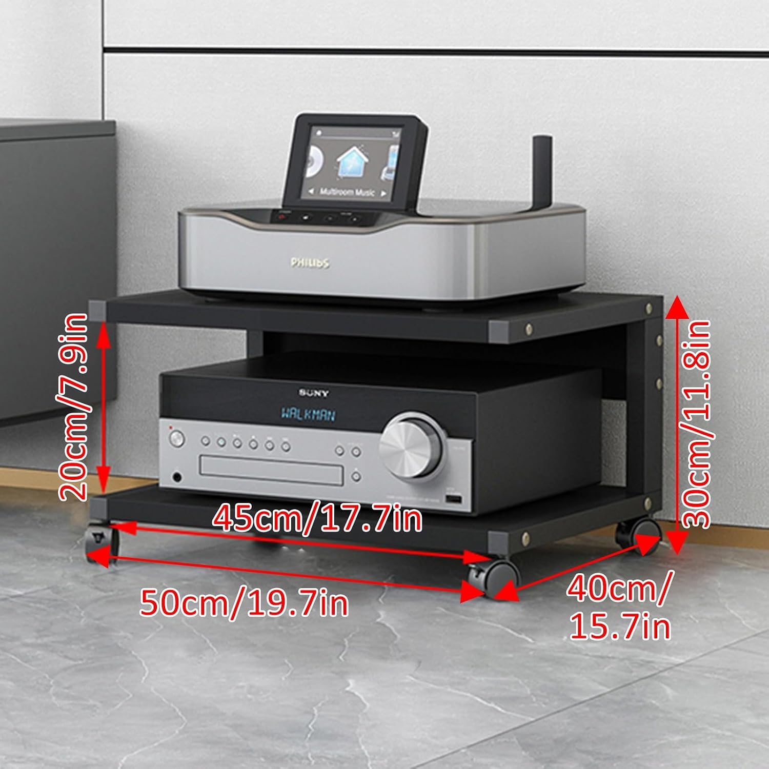 Modern 2-Tier AV Media Stand with Wheels - Adjustable Wooden Shelves, Corner Shelf Media Console Cabinet for Stereo & Storage (Deep Black, 50x40x)