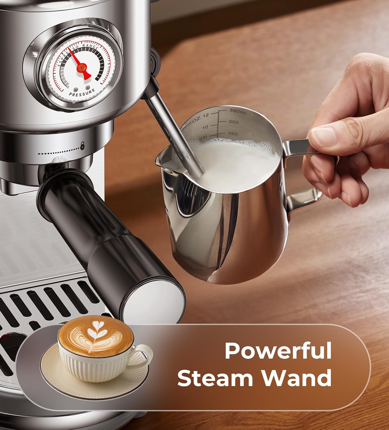 atatix Espresso Machine with Milk Frother, 20 Bar Pressure Espresso Maker, with 44OZ Removable Tank, Compact Stainless Steel Coffee Machine for Home, Office, Latte, Cappuccino, Macchiato, Silver