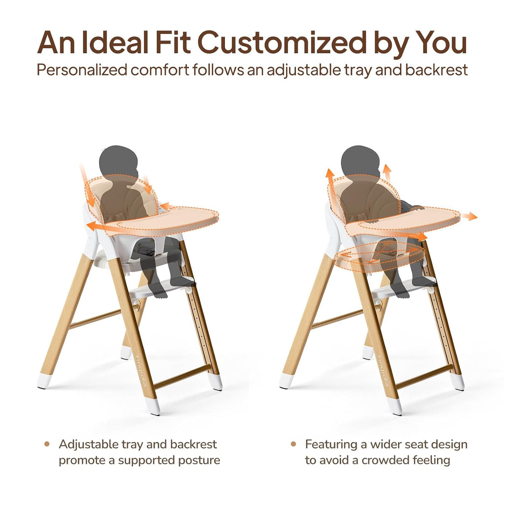 Tinyiota High Chair for Babies and Toddlers, Foldable & 8-Level Adjustable, One-Handed Removable Tray, Ergonomic Baby Highchair Convertible into Desk Chair for Toddler to Adult (Wood Color)