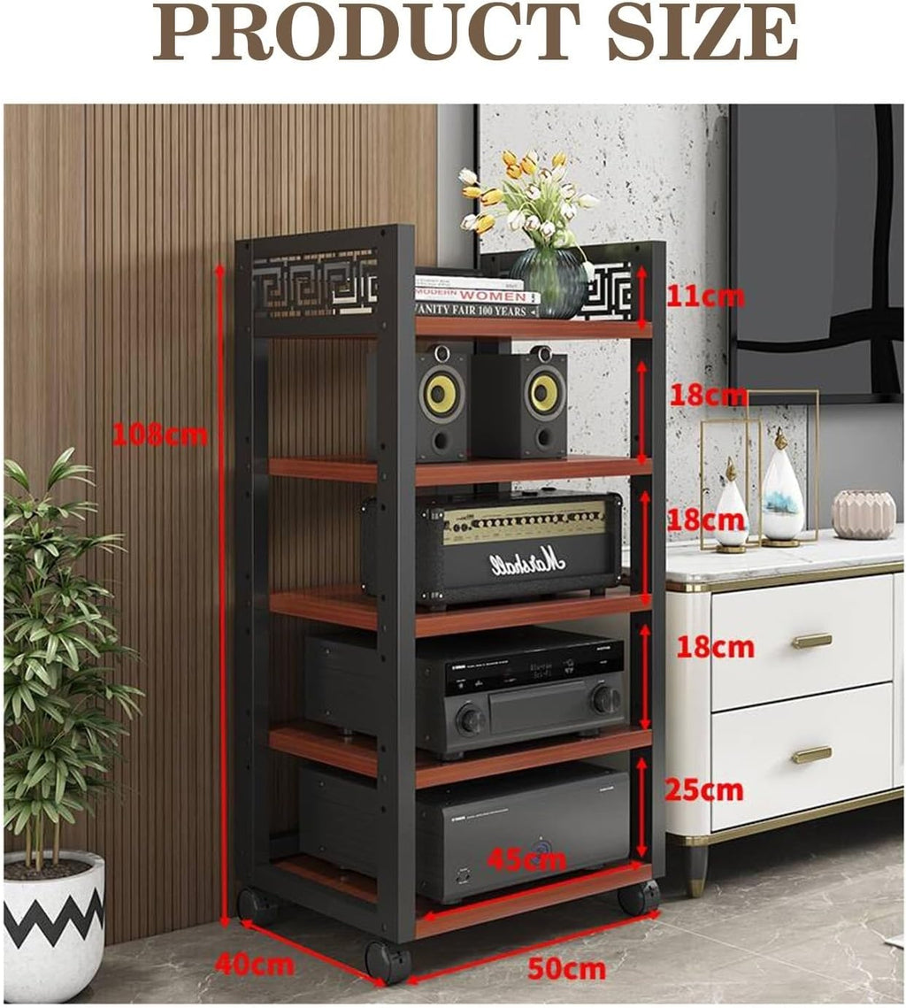 5 Tier Furniture Media Rack DVD CD Player Stand Audio Rack Power Amplifier Equipment Cabinet with Height Adjustable Wooden Shelves Floor Standing Storage Rack(Color-1)