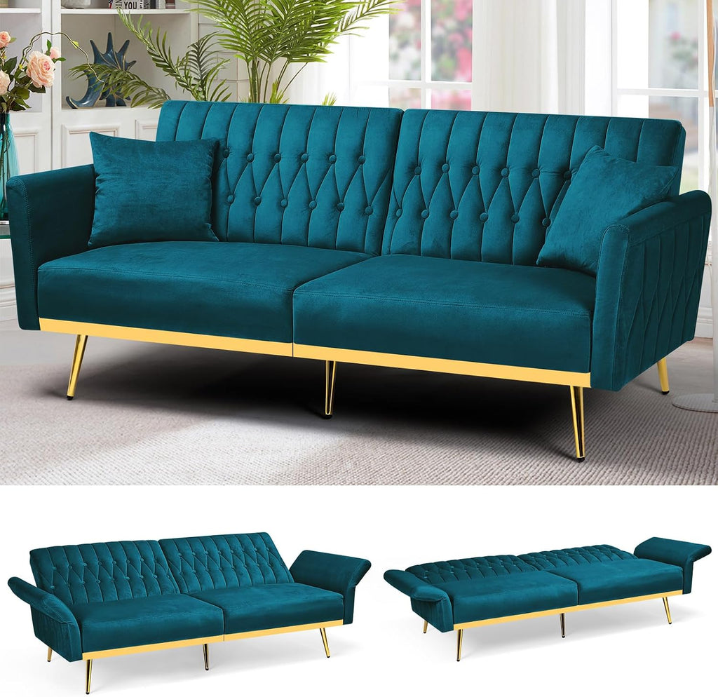 70' Velvet Futon Sofa Bed w/Adjustable Armrests and Backrest, Convertible Futon Couch w/2 Pillows, Modern Sleeper Bed for Living Room, Bedroom, Teal