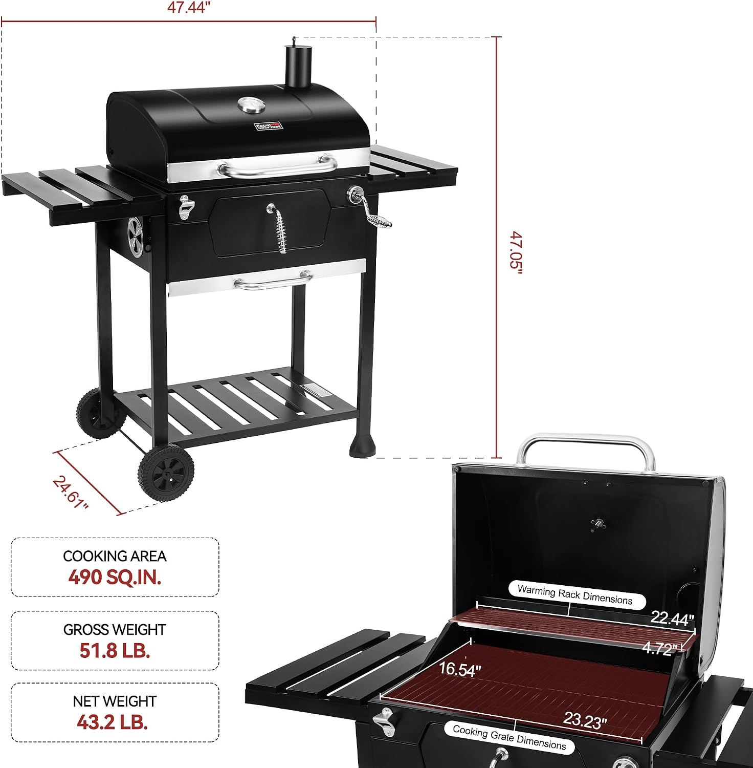 Royal Gourmet CD1824EN 24-Inch Movable Charcoal Grill with Foldable Side Tables, Outdoor Barbecue Grill with 490 Sq. In. Cooking Area for Outdoor Picnic and Camping Grilling, Black