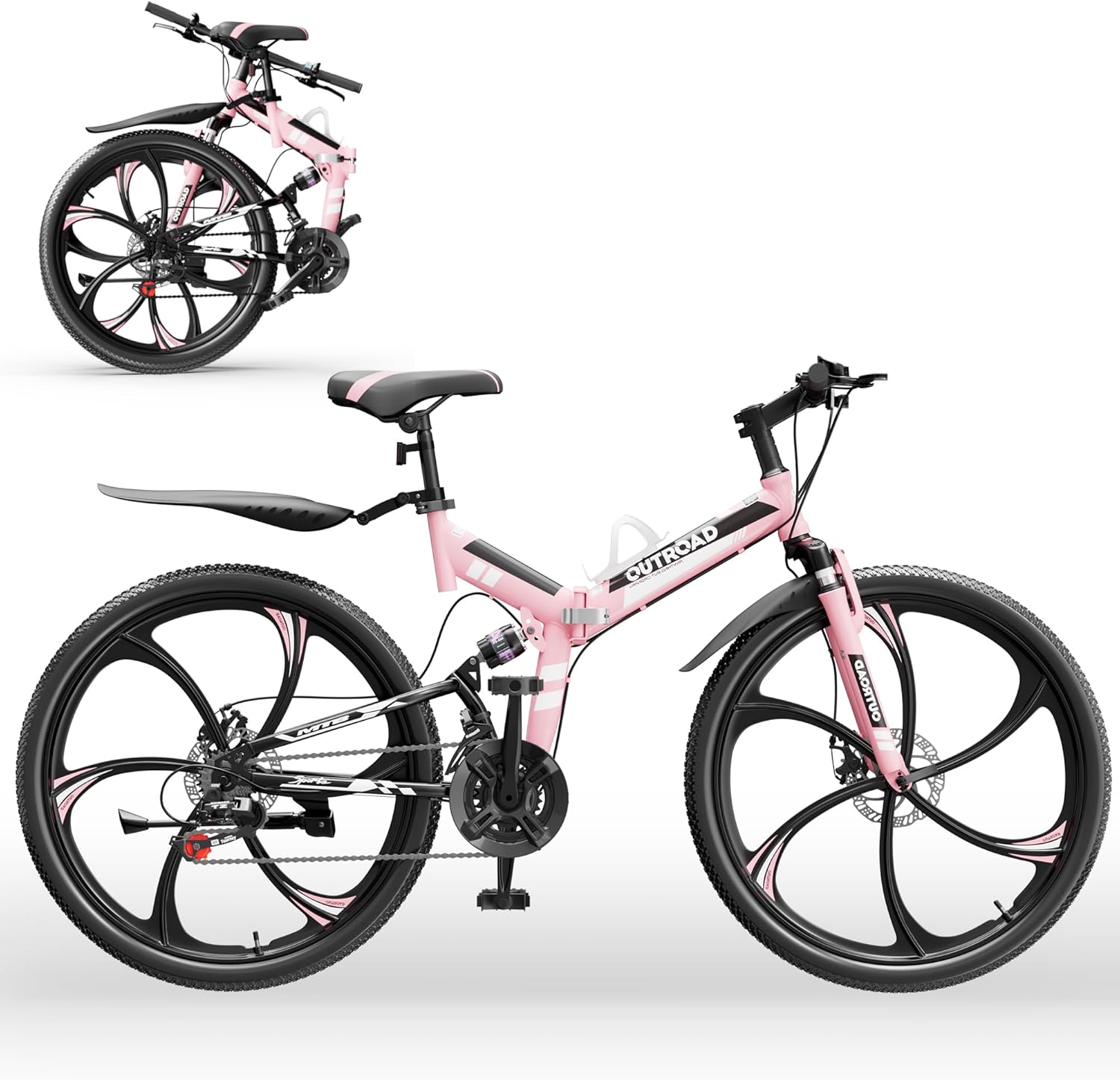 Outroad 26 Inch Folding Mountain Bike, 21 Speed Full Suspension High-Carbon Steel MTB Foldable Bicycle, Dual Disc Brake Non-Slip Folding Bikes for Adults/Men/Women, Black, Orange and Green