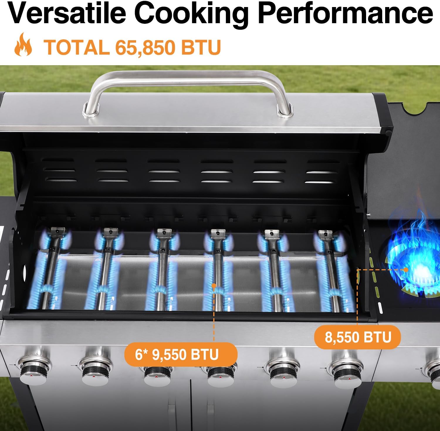 6 Burner Propane Gas Grill with Side Burner, Cast Iron Grates, Plate, Lid and Warming Rack, Large Cabinet Style BBQ Grill for Barbecue Grilling Backyard Cooking, 620 SQ. IN. Cooking Area