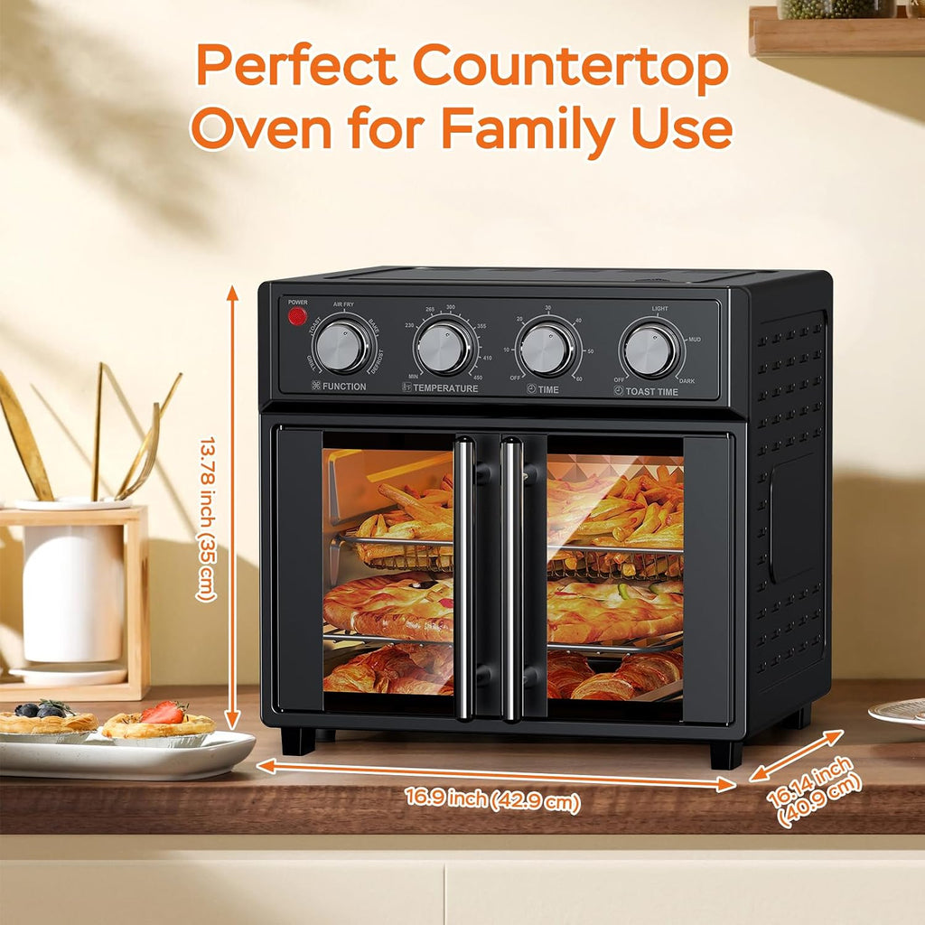 26QT Air Fryer Toaster Oven Combo - French Doors & 7 Preset Menus, 1700W Stainless Steel Convection Countertop Oven for Bake, Roast, Grill, Toast, Dehydrate, Defrost, Easy to Clean (Black)
