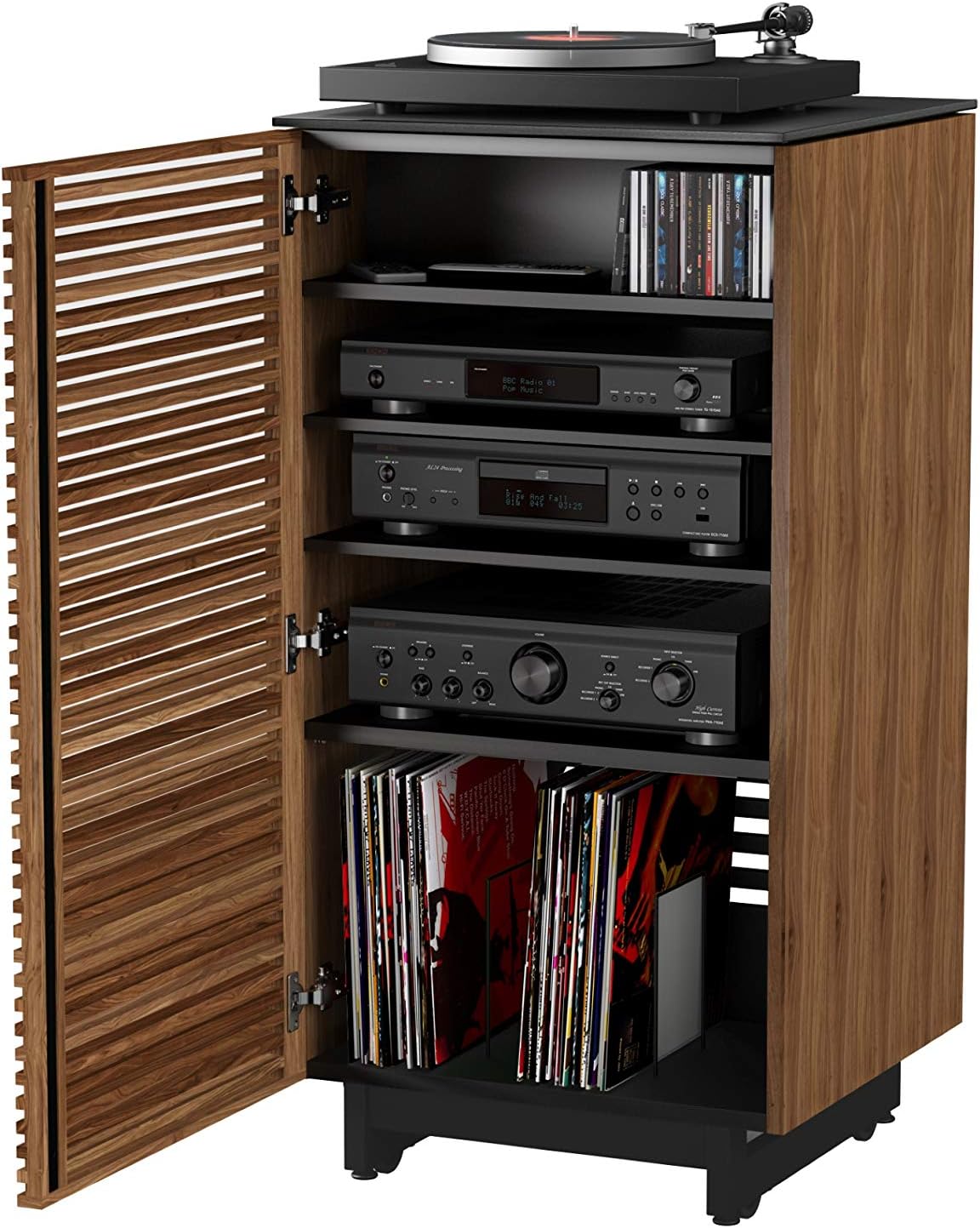 BDI Furniture Corridor 8172-22'' Audio Cabinet with Flow-Through Ventilation, Cable Management, Adjustable Shelves, Louvered Doors, Satin-Etched Tempered Glass Top, Natural Walnut