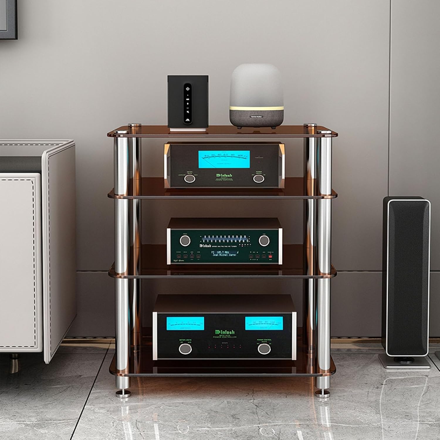 1/2/3/4-Tier Audio Rack Tower with Tempered Glass Shelves Stereo Rack AV Media Stand AV Equipment Cabinet Stereo Receiver Display Stand CD Record Player(Amber Glass,1 Tier)