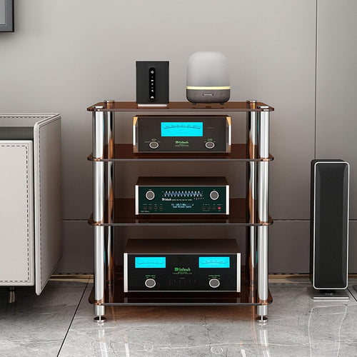 1/2/3/4-Tier Audio Rack Tower with Tempered Glass Shelves Stereo Rack AV Media Stand AV Equipment Cabinet Stereo Receiver Display Stand CD Record Player(Amber Glass,1 Tier)