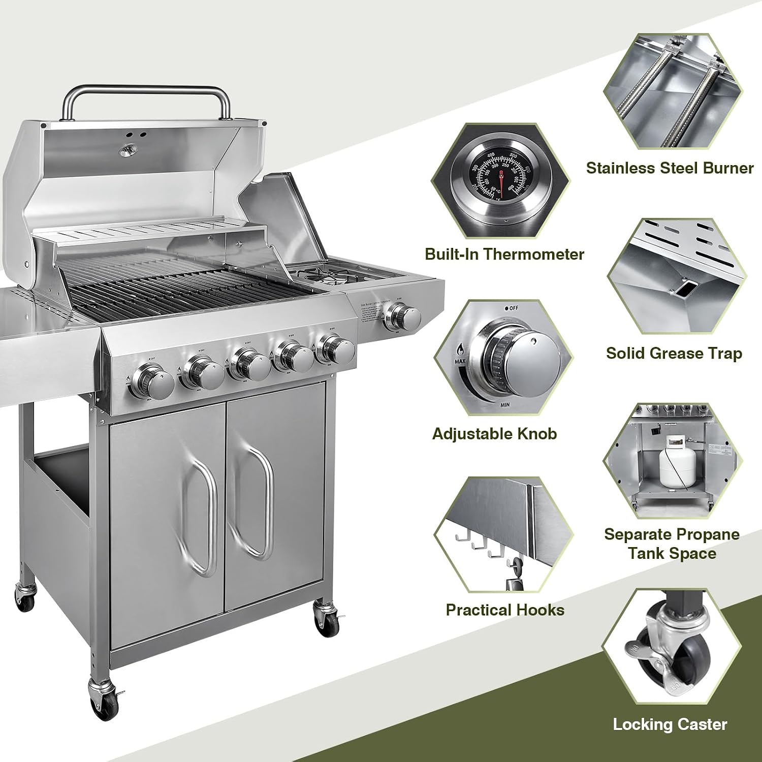 Bestfire 68,000 BTU 5 Burner Propane Gas Grill with Side Burner-Professional-Grade Stainless Steel Outdoor BBQ Grill-647 sq in Cooking Space&Porcelain Cast Iron Grrates-Patio Cart Design for Backyard