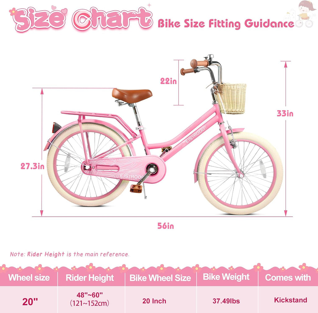 20 Inch Girls Bike, Single Speed Kids' Bicycles with Basket and Kickstand, Kids Beach Cruiser Bike for Girls, Adjustable Seat, Multiple Colors
