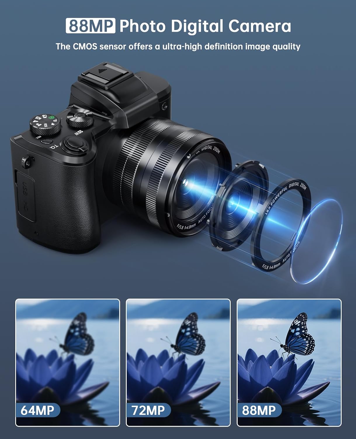 XNSIAKXA 8K Digital Cameras for Photography Autofocus 88MP WiFi Professional 16X Digital Zoom Photography Camera with Dual-Lens for YouTube with Lens Hood, Touch Screen, 2 Batteries & Charging Stand