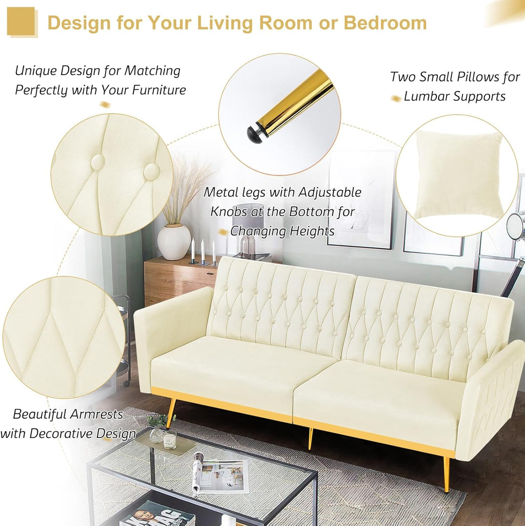 70' Velvet Futon Sofa Bed with 2 Pillows and Adjustable Armrests, Convertible Sleeper Bed W/Adjustable Backrests, Modern Loveseat for Living Room, Bedroom, Beige