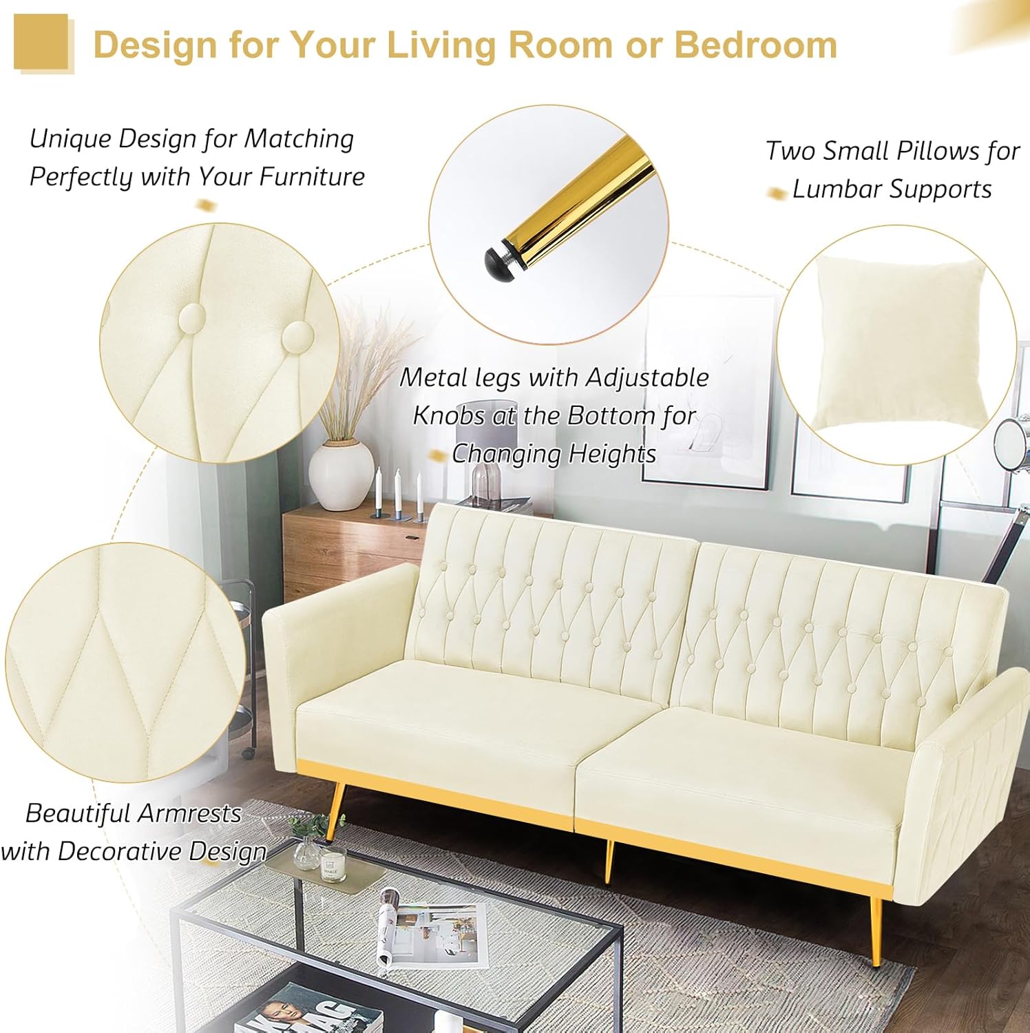 70' Velvet Futon Sofa Bed with 2 Pillows and Adjustable Armrests, Convertible Sleeper Bed W/Adjustable Backrests, Modern Loveseat for Living Room, Bedroom, Beige
