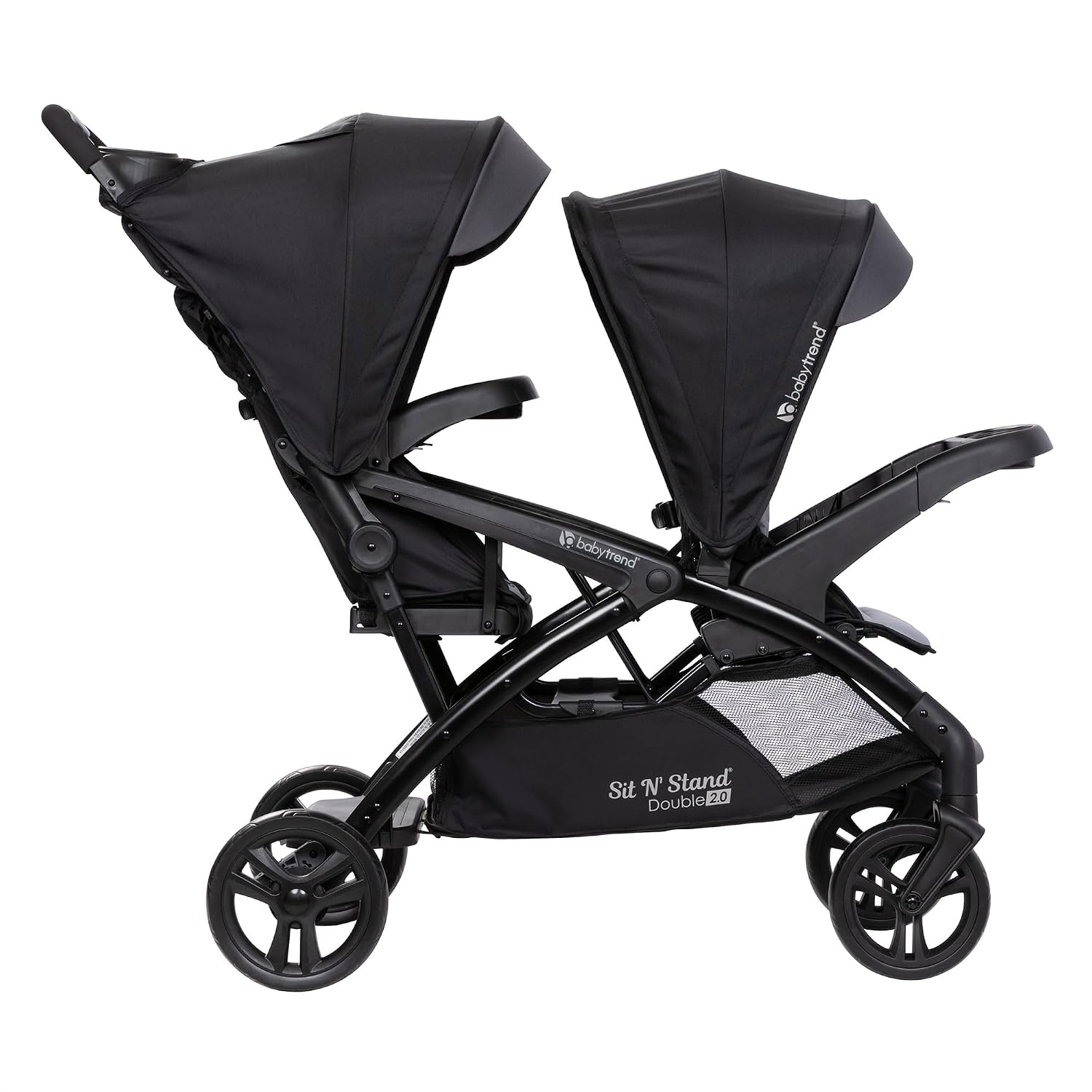 Baby Trend Double Stroller with Canopy Visors, Storage Basket and 2 Cup Holders, Sit N' Stand 2.0 DLX, Stormy – Foldable Infant and Toddler Tandem Stroller and Travel System