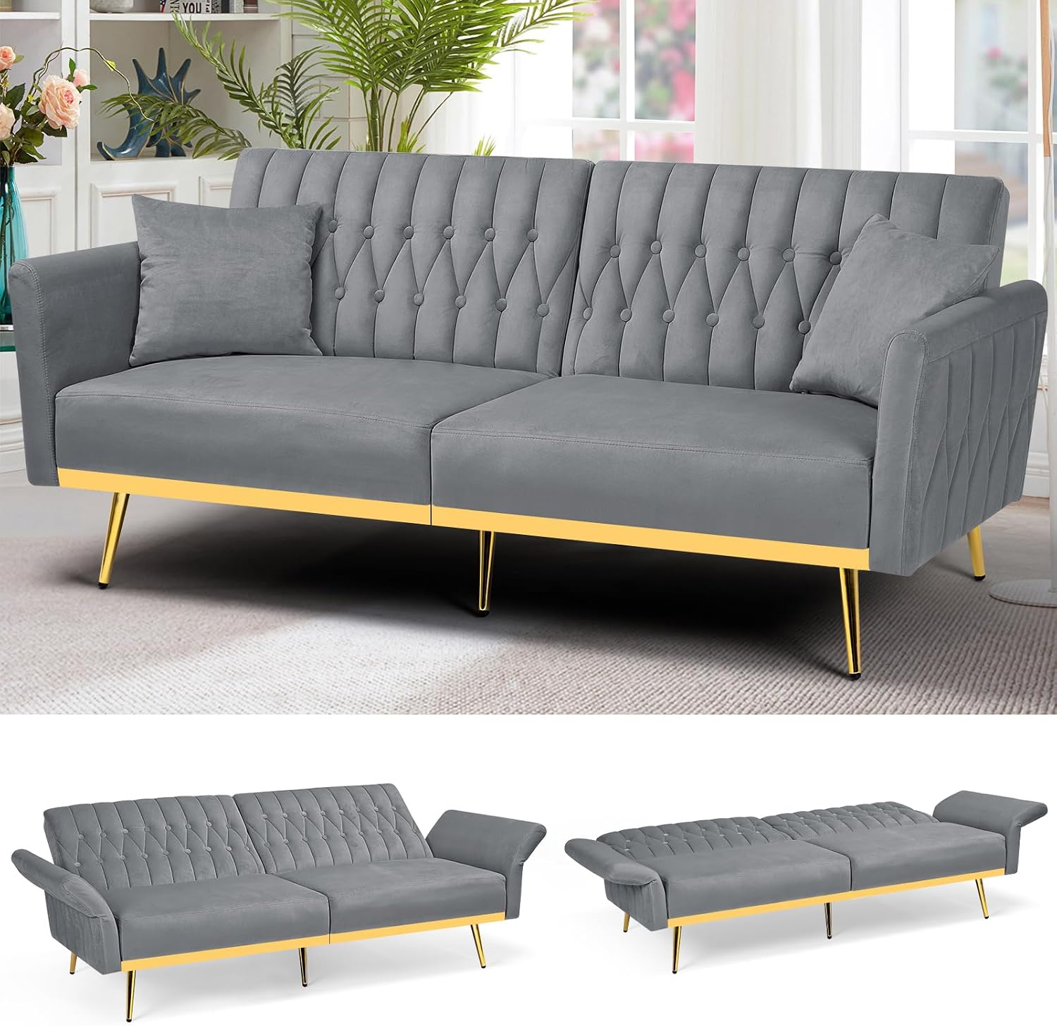 70' Velvet Futon Sofa Bed with 2 Pillows and Adjustable Armrests, Convertible Sleeper Bed W/Adjustable Backrests, Modern Loveseat for Living Room, Bedroom, Light Grey
