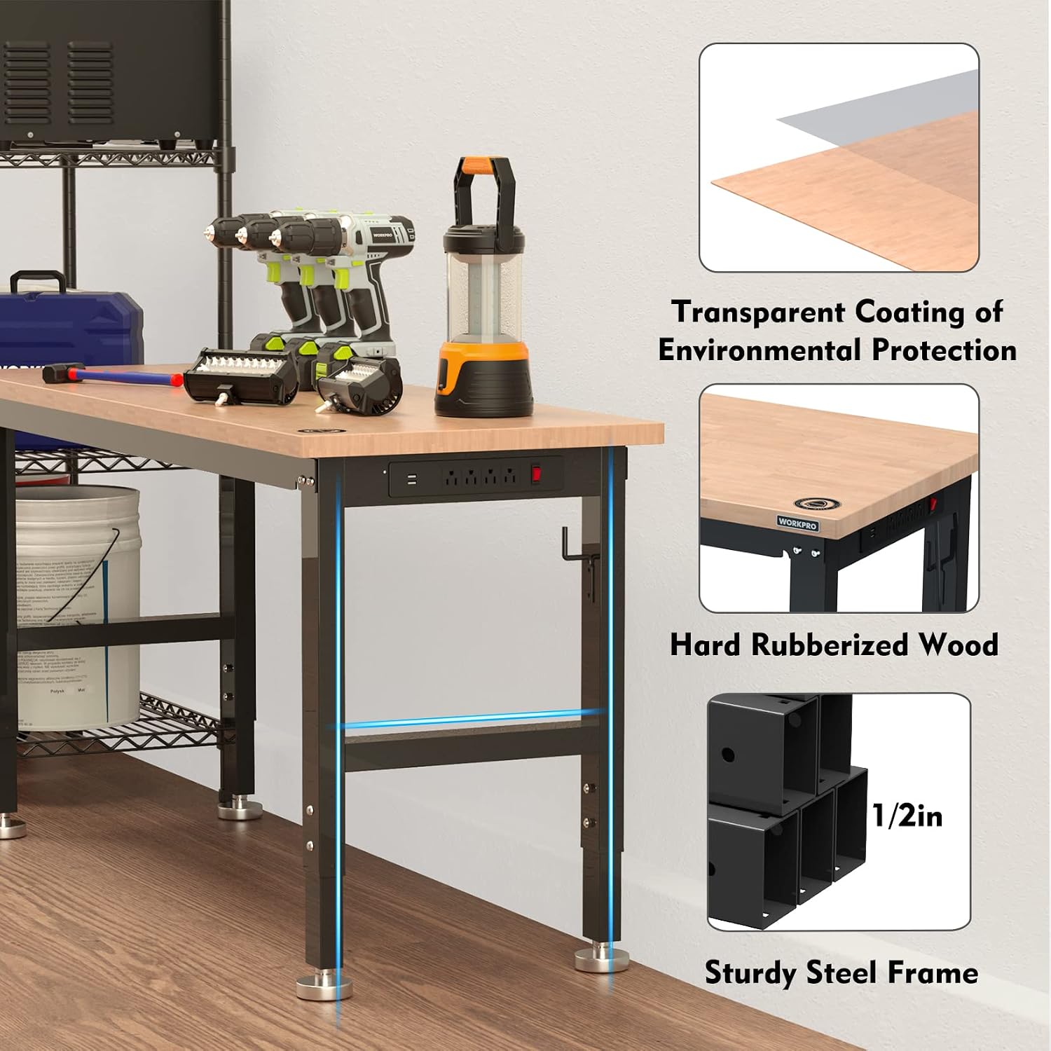 WORKPRO 60' Adjustable Workbench, Rubber Wood Top Heavy-Duty Workstation, 2000 LBS Load Capacity Hardwood Worktable with Power Outlets, for Workshop, Garage
