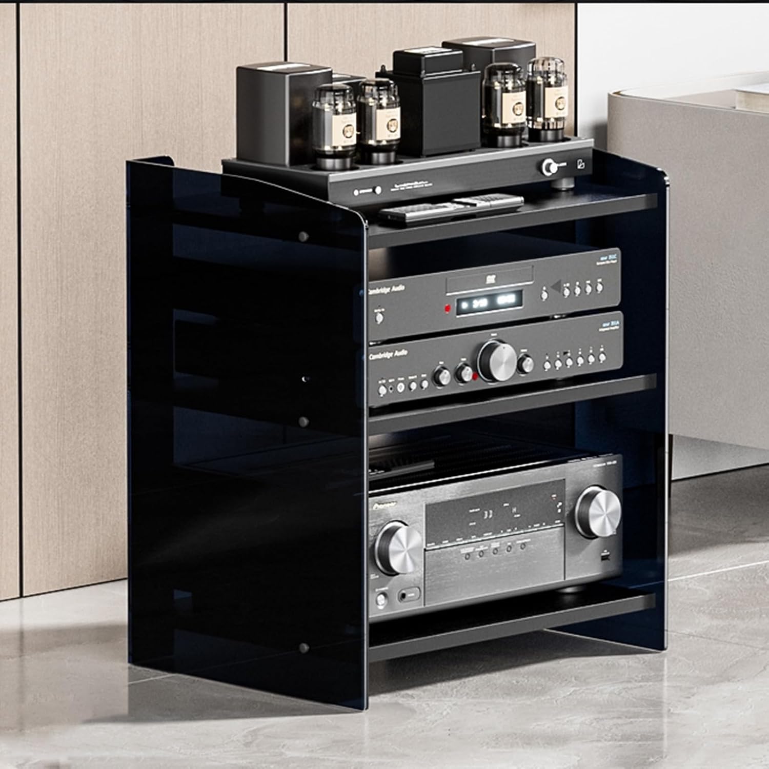 3-Tier Media Console Table, Adjustable Acrylic Stereo Stand Cabinet for Audio Equipment, Record Player Shelf Organizer for Living Room, Modern Home Furniture (B, 3 Tier)