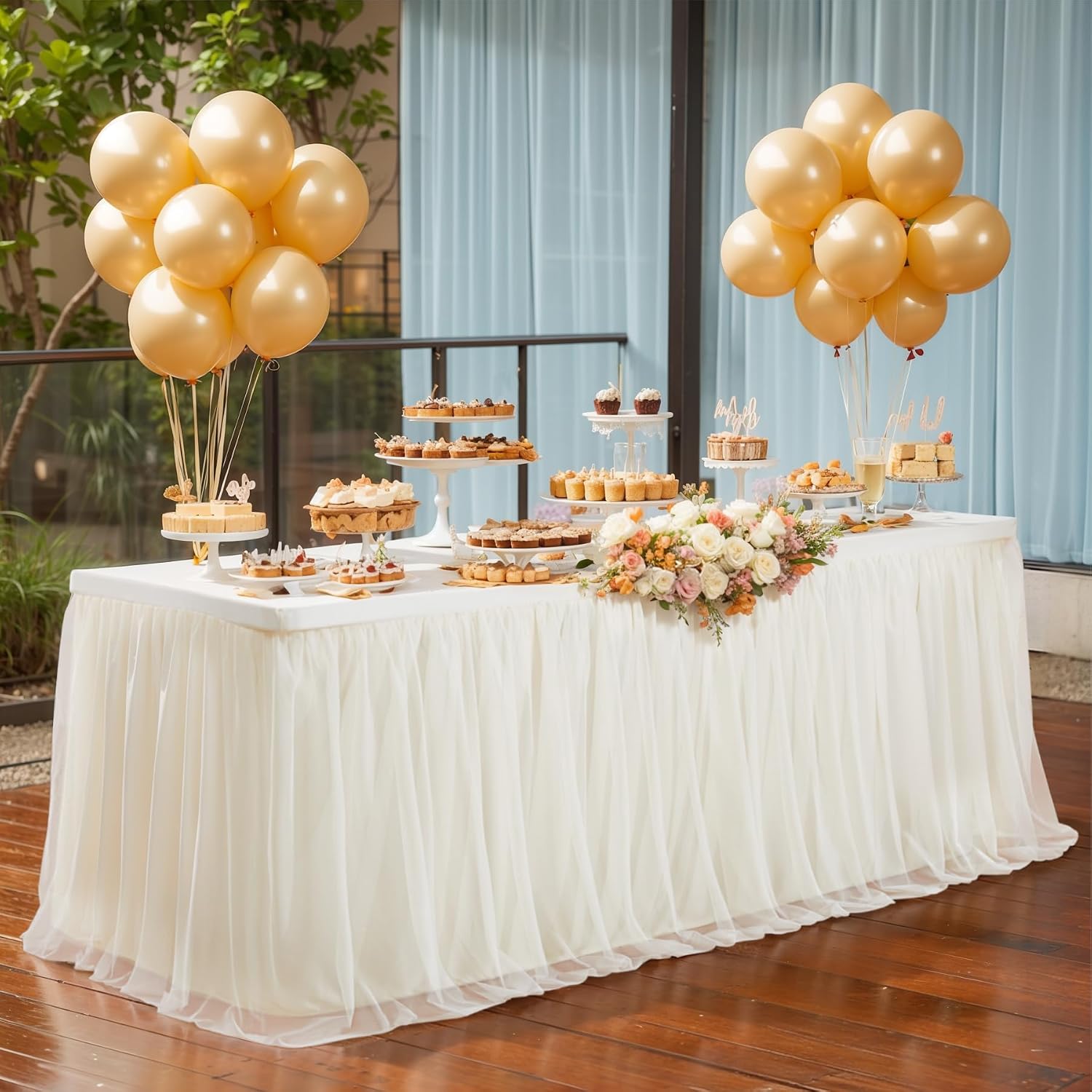 Wish Care 6 Pack Light Champagne Tulle Tablecloth for 6 Foot Rectangle Tables Ruffle Stretch Fitted Table Cloth Tutu Skirt Wrinkle Free Table Cover for Party Wedding Birthday Banquet Cake Tables Decor