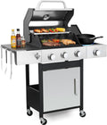 39,000 BTU 3+1 Burner Propane Gas Grill with Cast Iron Grids & Side Burner, Double-Wall Stainless Steel Lid – Even Heat, Easy Clean, Perfect for Backyard BBQ
