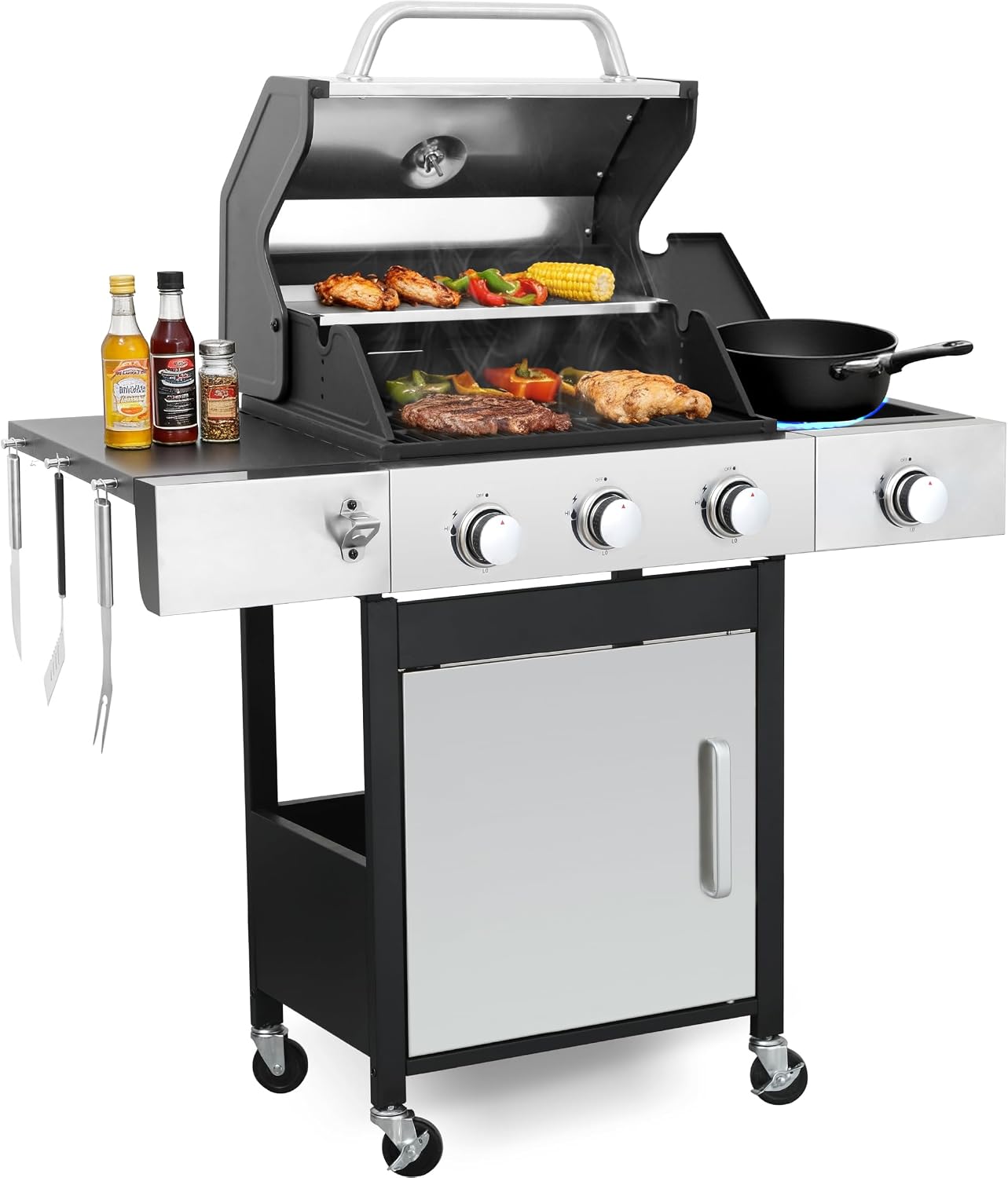 39,000 BTU 3+1 Burner Propane Gas Grill with Cast Iron Grids & Side Burner, Double-Wall Stainless Steel Lid – Even Heat, Easy Clean, Perfect for Backyard BBQ