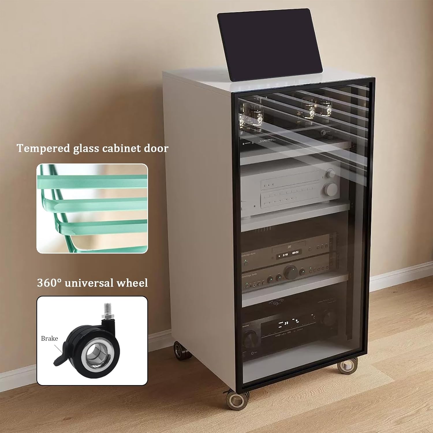 Modern Black Media Storage Cabinet with Glass Door and Cable Holes Adjustable Shelves Movable Stereo Stand for Tv and Audio Equipment 55X45X100Cm 4 Tier,Black4 Tier 55X45X100Cm