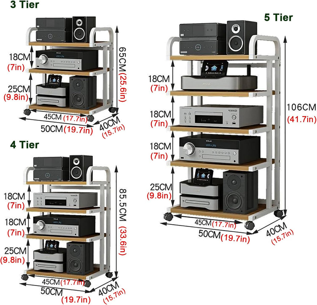 Movable AV Media Stand, 4-Tier Modern Audio Rack Storage Cabinet, Entertainment Center Shelving for Stereo Equipment, Natural Finish, Versatile Media Tower