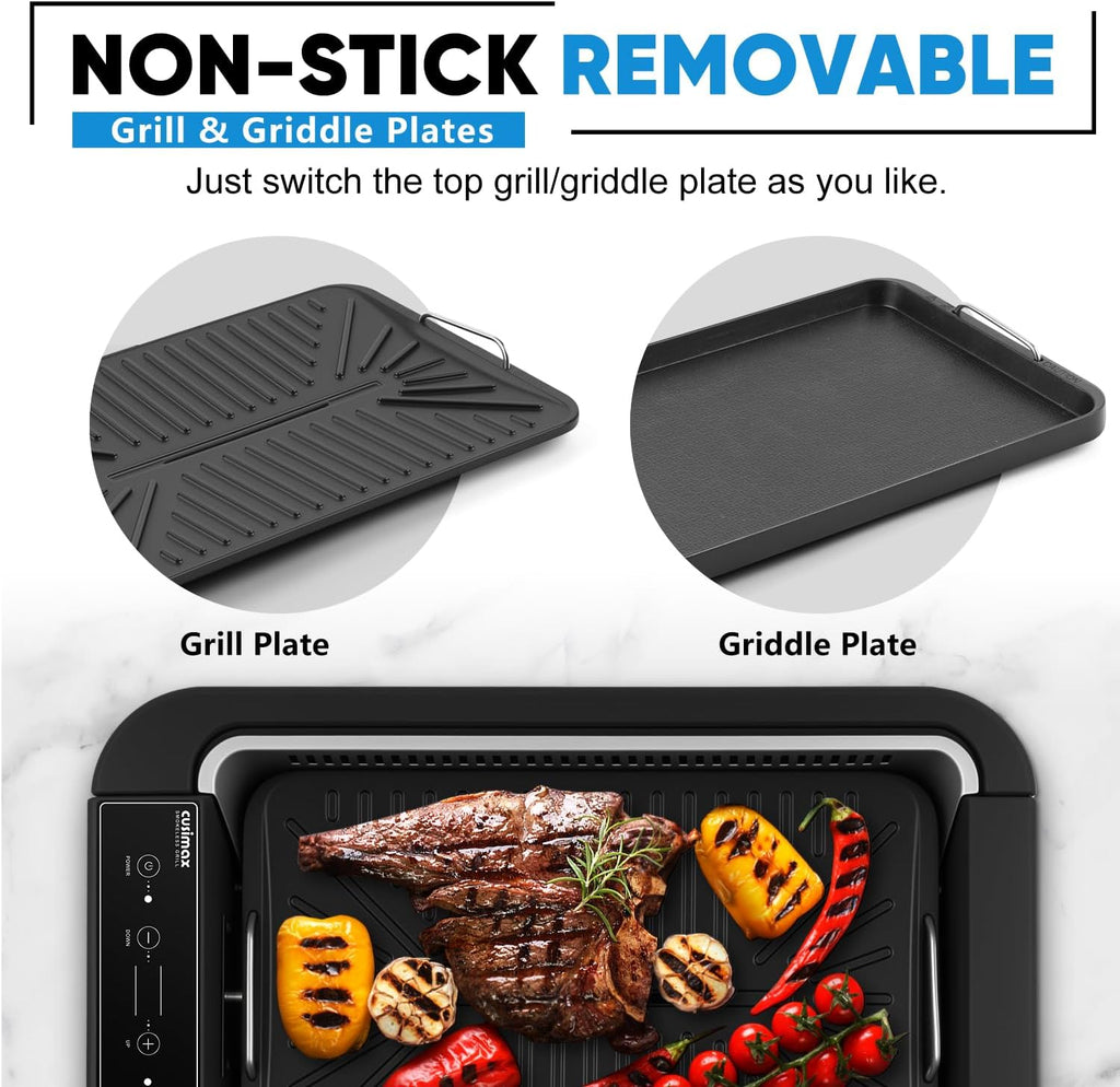 Indoor Grill, CUSIMAX Electric Smokeless Grill & Griddle with REPLACEABLE Smoke Filter Sponge, 1500W Korean BBQ Grill, Smart LED Display, Larger Grilling Area, Black(New Model)