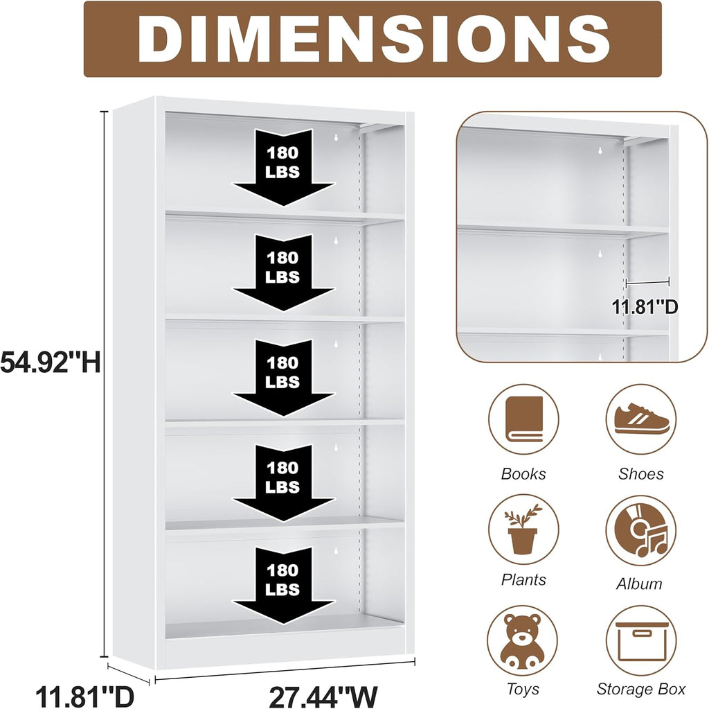 55' Media Storage Cabinet, Metal CD Storage Rack with 4 Adjustable Shelves, 5-Tier Large Media Stand for Living Room, Home Entertainment (White)