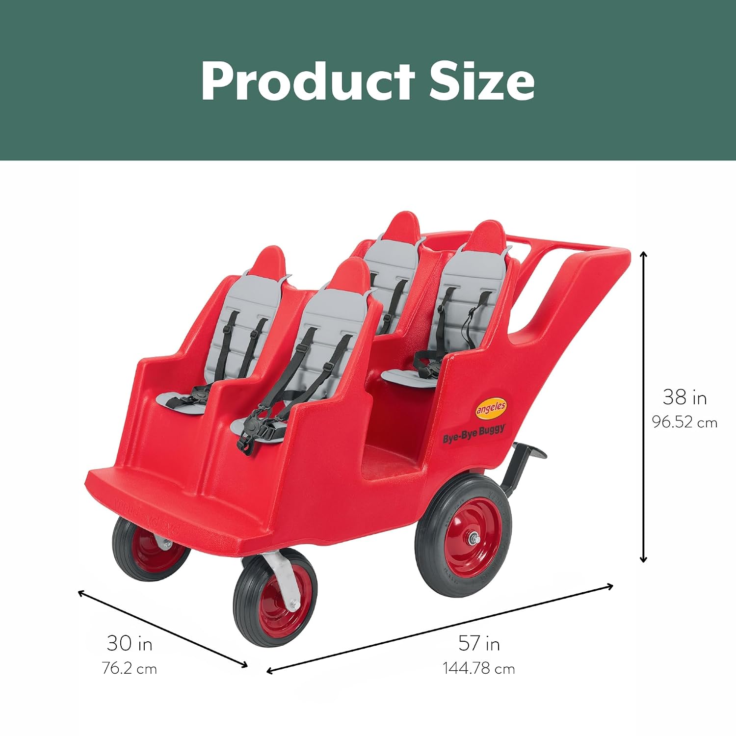 Angeles Bye Bye Buggy 4 Passenger Stroller, Sturdy Daycare Stroller with Fat Tires, Easy-to-Fasten Safety Buckles, Parking Brake, & 360 Pivoting Wheels, Red