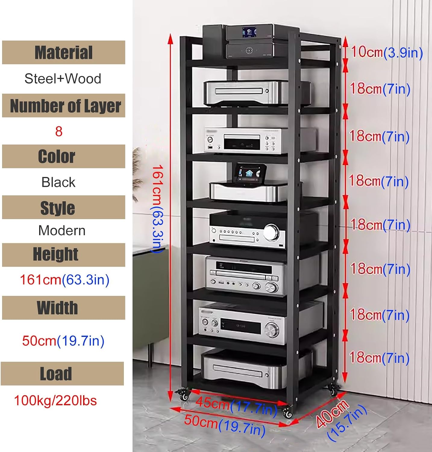 JYHHCYS Tall Stereo Racks and Stands on Wheels Media Storage Cabinet Rack, Black Modern Entertainment Stereo Components Stand, Audio Video Equipment Rack (Size : 8 tier-50cm Wide)
