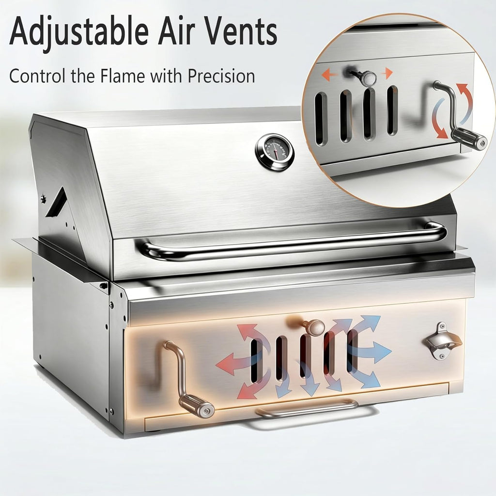 Large Charcoal BBQ Grills, Built in Barbecue Grill with Liftable Tray, Insulated Hood & Temp Gauge, Silver Stainless Steel BBQ Barrel Grill for Outdoor Kitchen Cooking Family Parties Patio Park Style