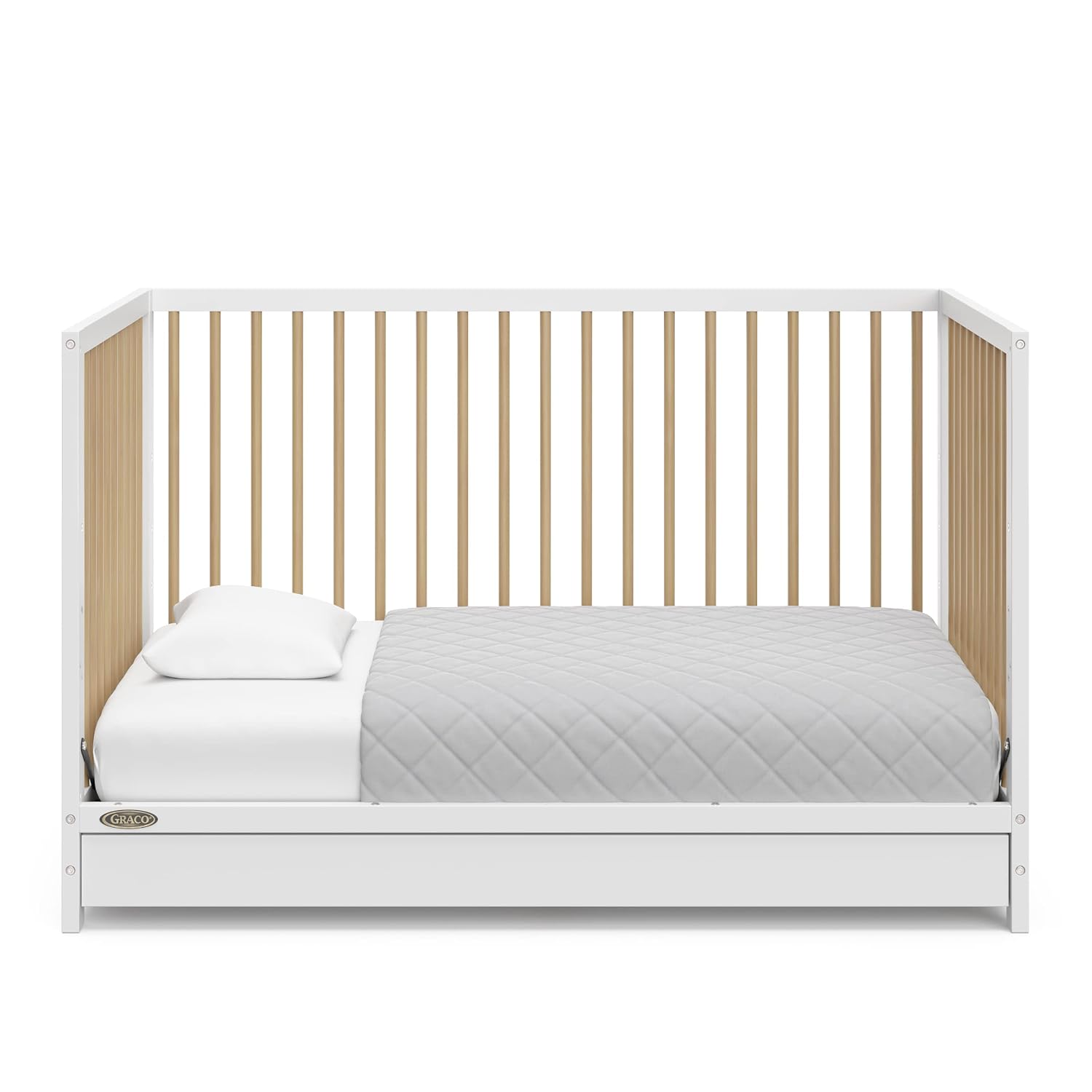 Graco Teddi 5-in-1 Convertible Crib with Drawer – GREENGUARD Gold Certified, Full-Size Nursery Storage Drawer, Baby Crib Converts to Toddler Bed, Daybed and Full-Size Bed (White and Driftwood)