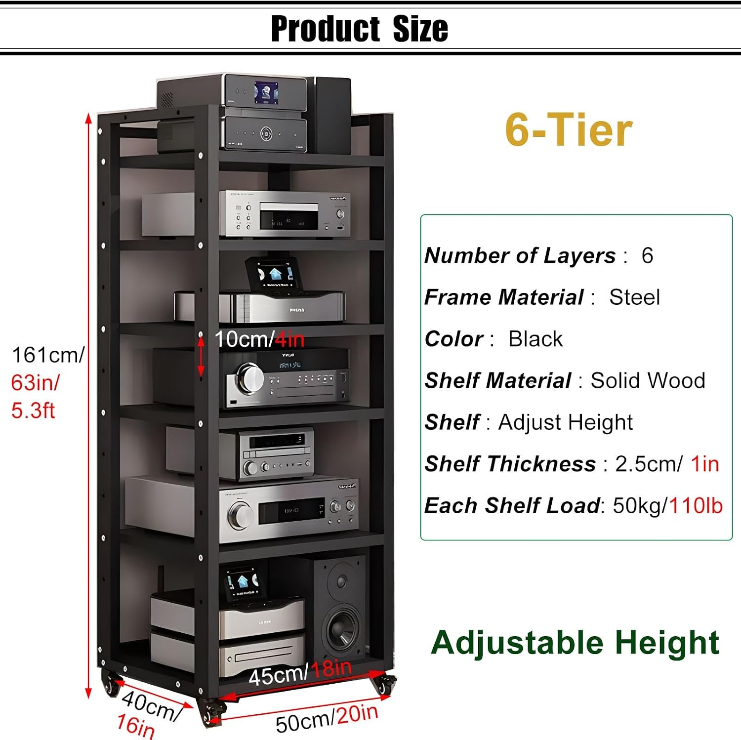 SRNSAEB Audio Equipment Rack Cabinet Media Shelf, Audio Video Media Stand Cabinet with 4 Shelves Height Adjustable Modern AV Cabinet with Brake Wheel, 160cm/ 63inch Height(6-Tier)