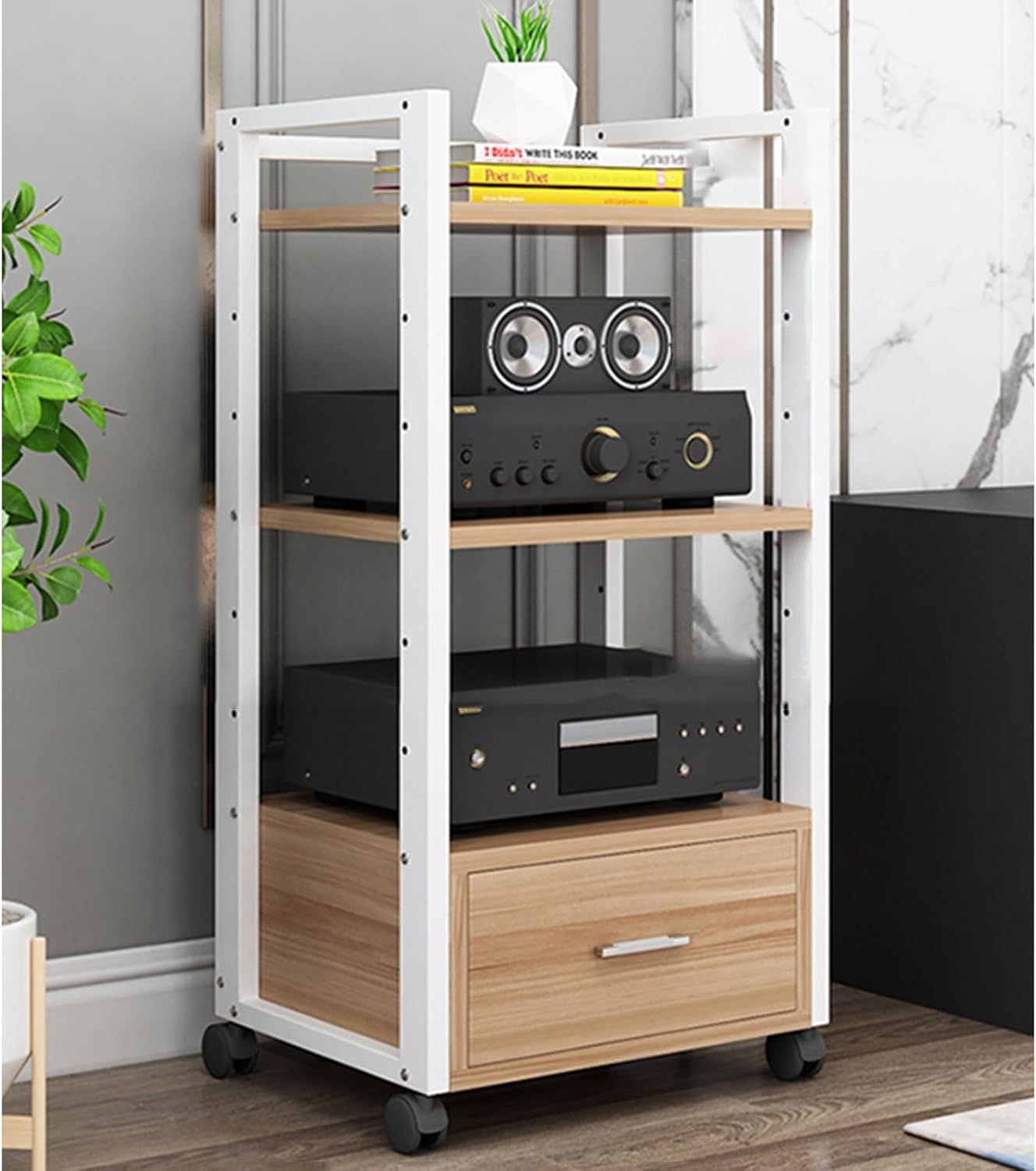 1m Tall Mobile Audio Rack Shelf, Amplifier Holder Cabinet for Recording Room/Home Cinema Media Equipment Storage, Multiple Shelf Entertainment Stand - Black White(Deep Coffee,3 Tier)