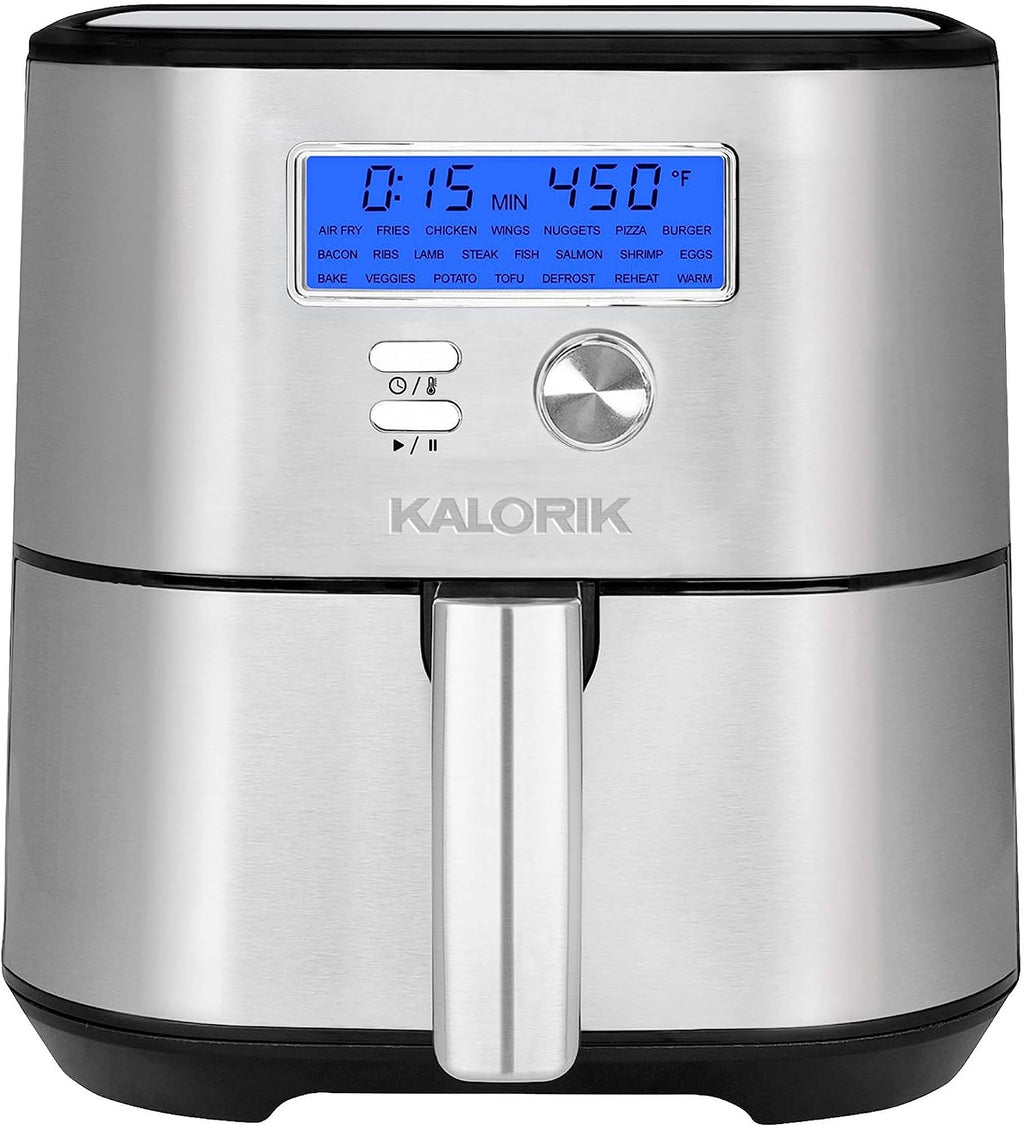 Kalorik MAXX® Plus Digital 7-Quart, 7-in-1 Oilless Air Fryer, LCD Display, 22 Smart Presets, 5 Accessories, and Recipe Book, 1750W, Stainless Steel, FT 50928 OW