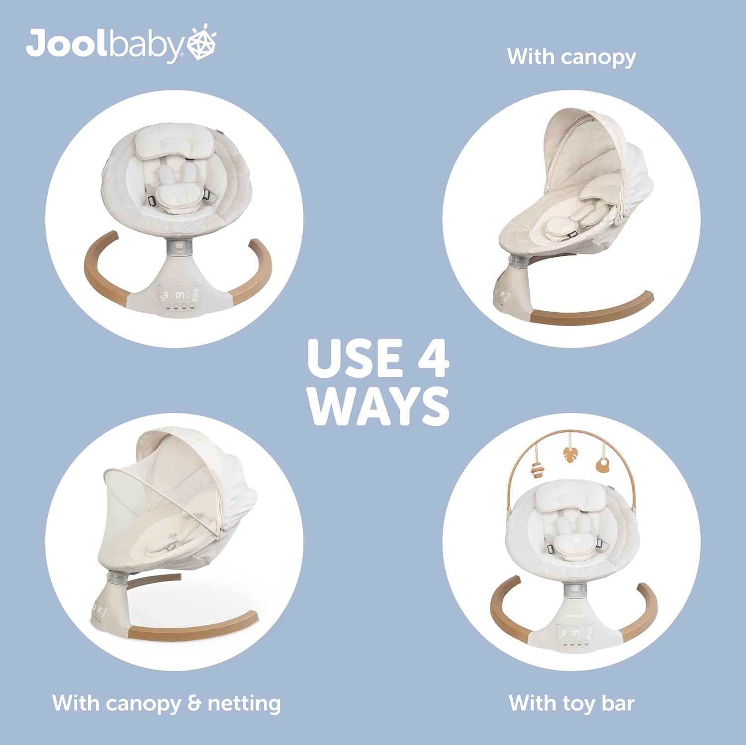 Jool Baby Nova Nature Baby Swing for Newborns with Natural Wood Toys, Electric Motorized Infant Swing, Bluetooth Music, Remote (Oatmeal)