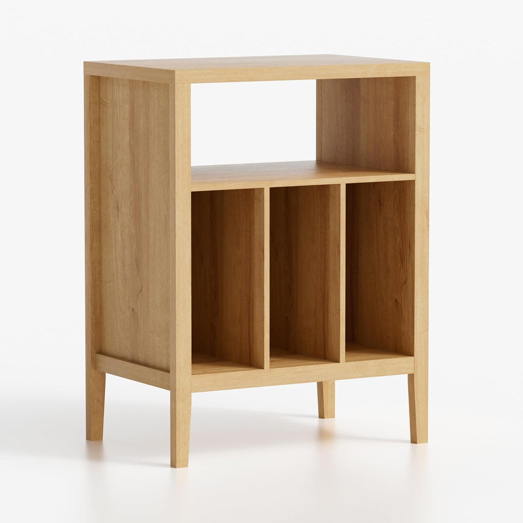 Modern Record Player Stand, Vinyl Record Storage Cabinet with Open Shelf, Wood Records Player Table Cube Storage Organizer for Living Room, Office, Natural Oak