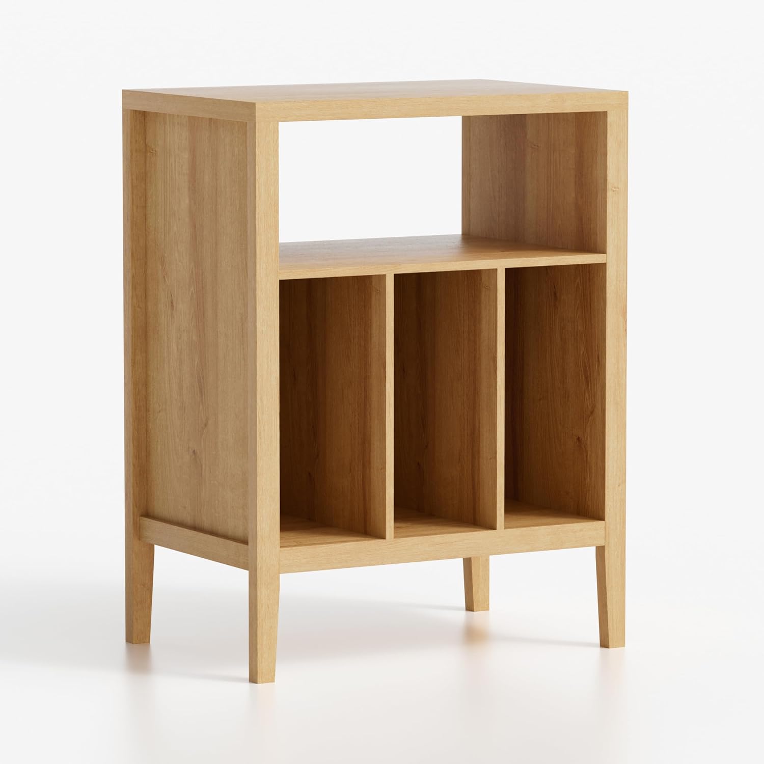 Modern Record Player Stand, Vinyl Record Storage Cabinet with Open Shelf, Wood Records Player Table Cube Storage Organizer for Living Room, Office, Natural Oak