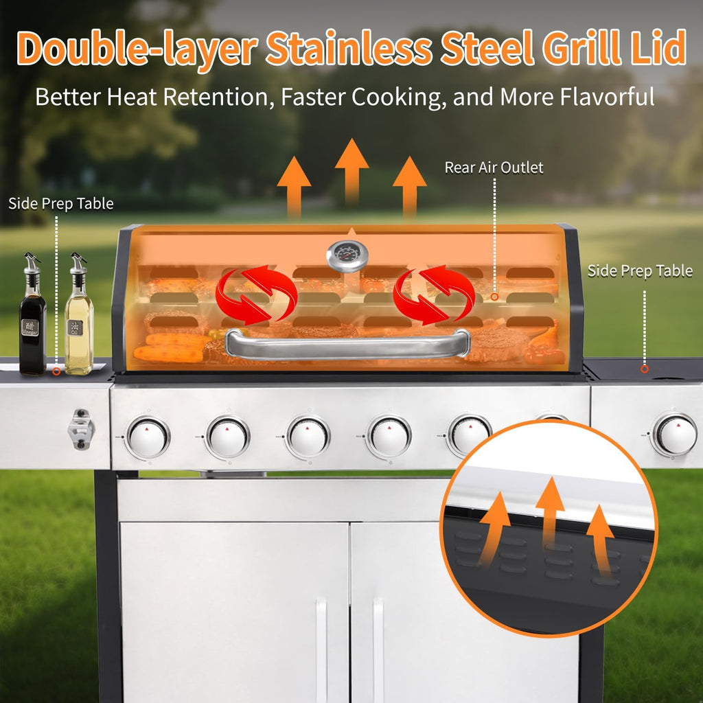 69000 BTU Output Propane Gas Grill with Side Burner and 6 Main Burners - Double-layer Stainless Steel Lid, Cast Iron Grids and Plate, Easy-Clean Grease Management for Perfect BBQs