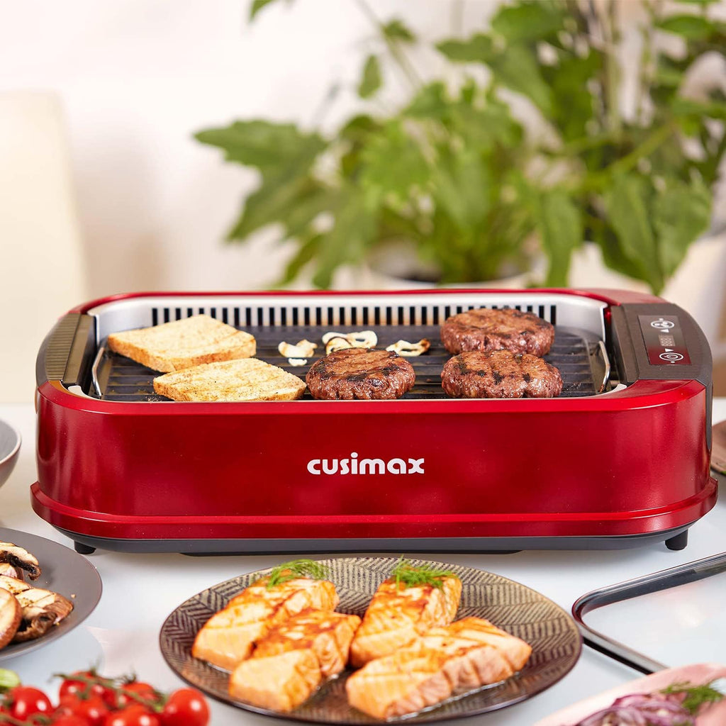 Indoor Grill, CUSIMAX Smokeless Grill Indoor, Electric Griddle, 1500W Korean BBQ Grill with LED Smart Display & Tempered Glass Lid, Non-stick Removable Plate & Griddle Plate, Red