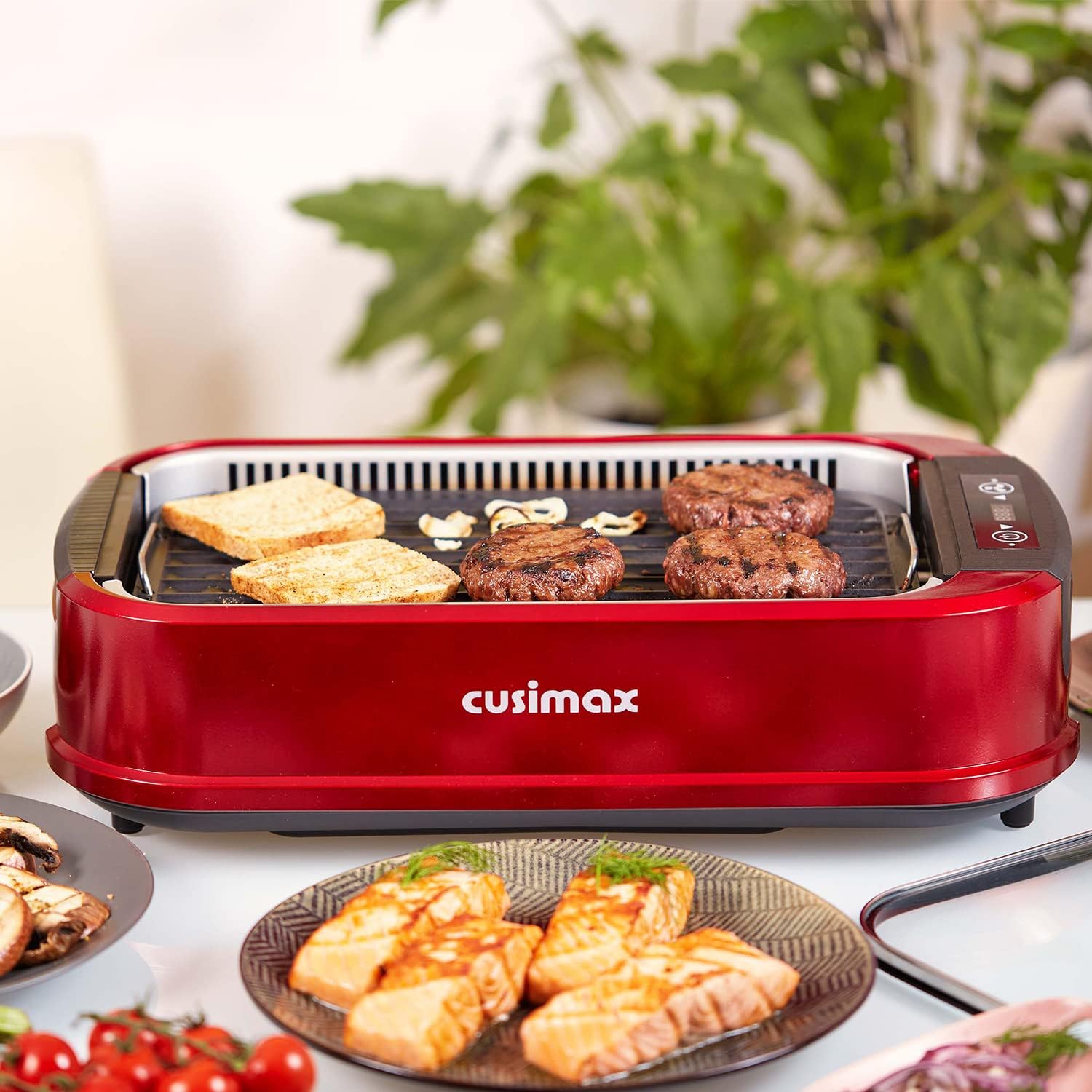 Indoor Grill, CUSIMAX Smokeless Grill Indoor, Electric Griddle, 1500W Korean BBQ Grill with LED Smart Display & Tempered Glass Lid, Non-stick Removable Plate & Griddle Plate, Red