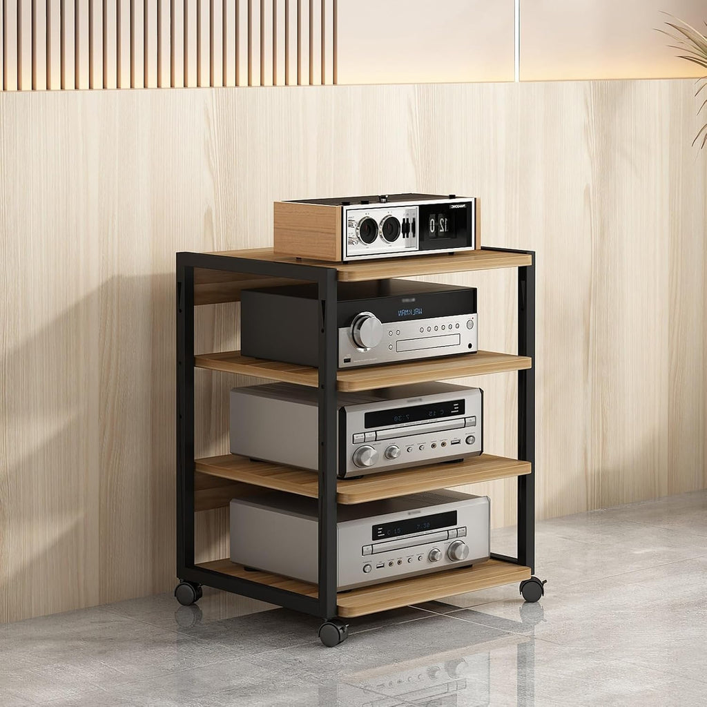 Modern 4-Tier Stereo Stand Cabinet for AV Media and Game Consoles, Corner Entertainment Center with Wooden Storage Shelves, CD Rack, 50x40x69.5cm, Stylish Audio Video Component Organizer