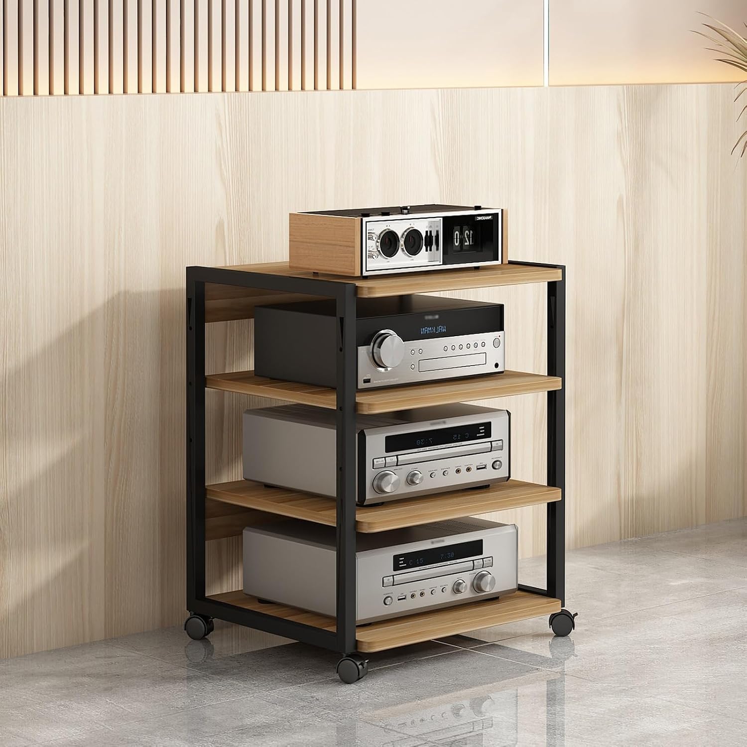 Modern 4-Tier Stereo Stand Cabinet for AV Media and Game Consoles, Corner Entertainment Center with Wooden Storage Shelves, CD Rack, 50x40x69.5cm, Stylish Audio Video Component Organizer
