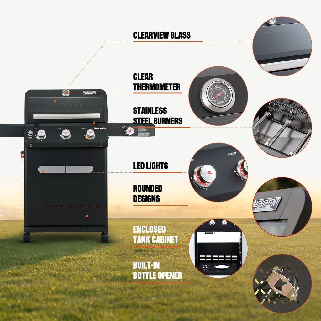 Monument Grills Mesa Series, 3+1 Outdoor Barbecue Stainless Steel Propane Gas Grill, 3 Burners & 1 Side Burner 48,000 BTU Patio Garden Grill with Knob Controls, Mesa325, Black