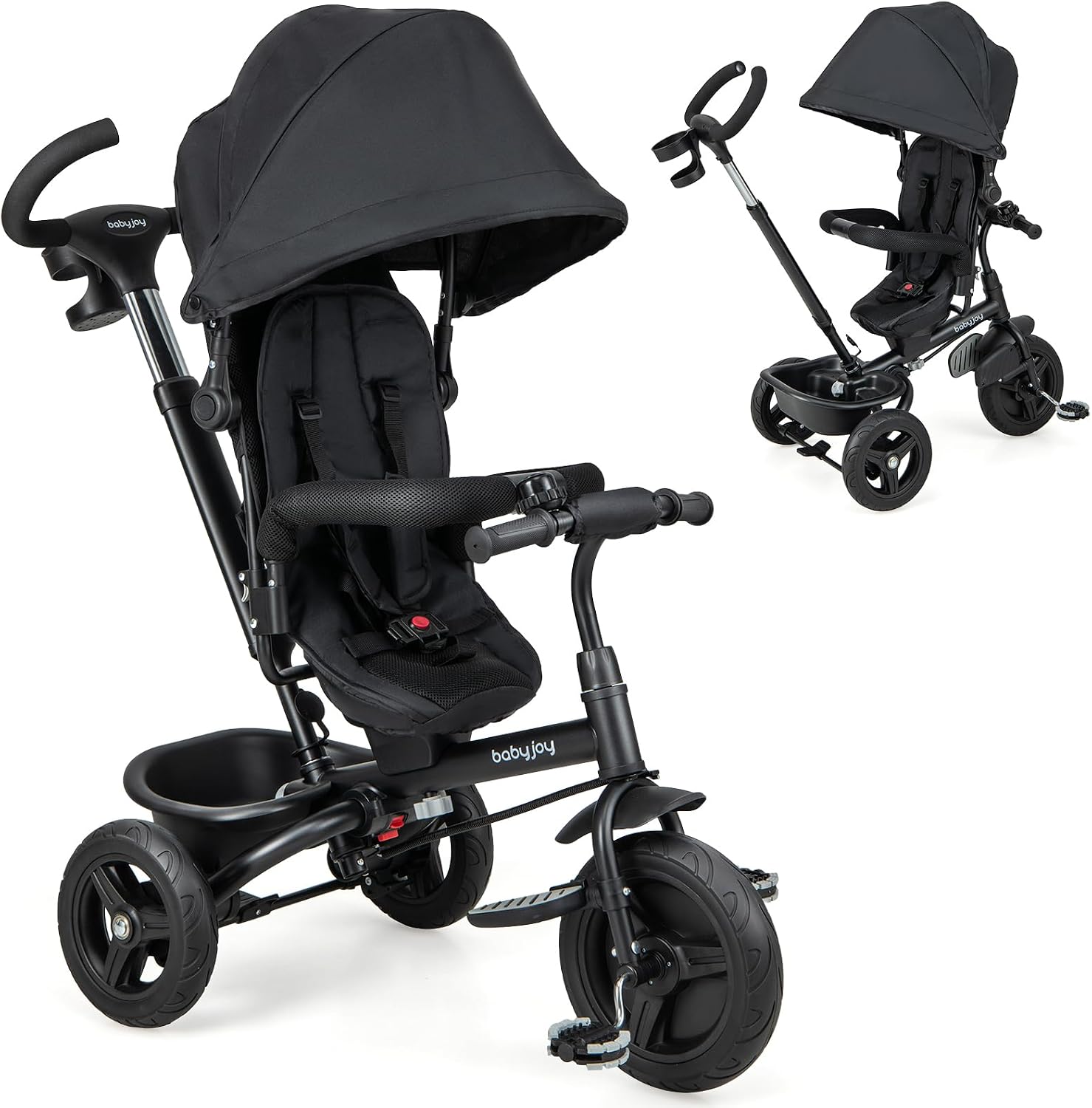 BABY JOY Tricycle, 6 in 1 Trike for Toddler w/Reversible Seat, Adjustable Canopy & Parent Handle, 5-Point Safety Belt, PU Wheels and Storage Basket, Push Tricycle for 9-60 Months (Black)