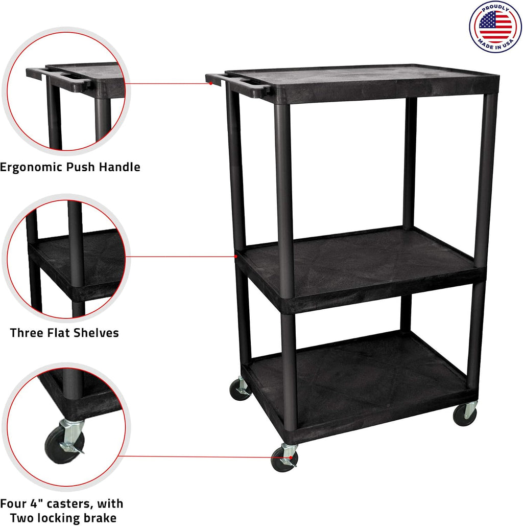 Luxor Multipurpose Rolling Audio/Video Presentation Utility Cart with 3 Large Shelves - Black