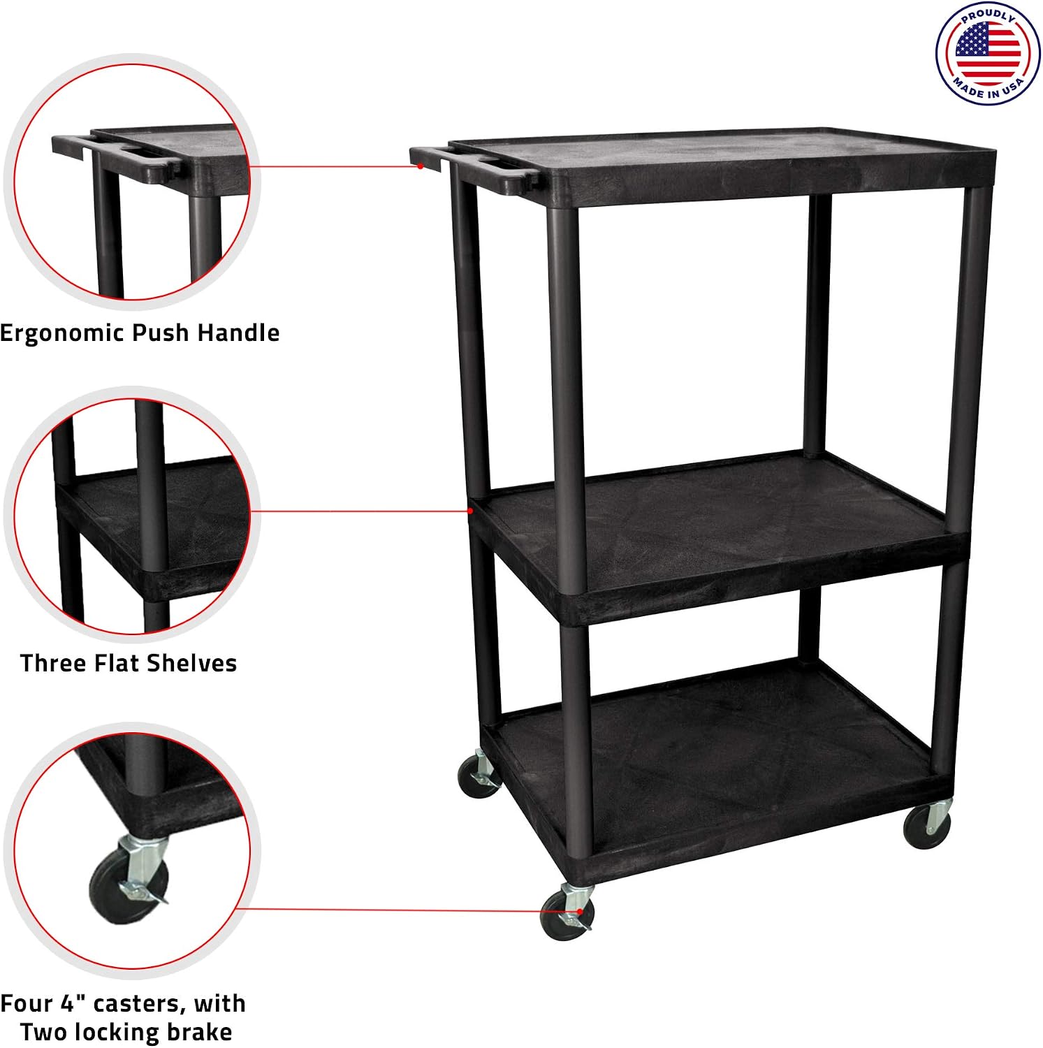 Luxor Multipurpose Rolling Audio/Video Presentation Utility Cart with 3 Large Shelves - Black