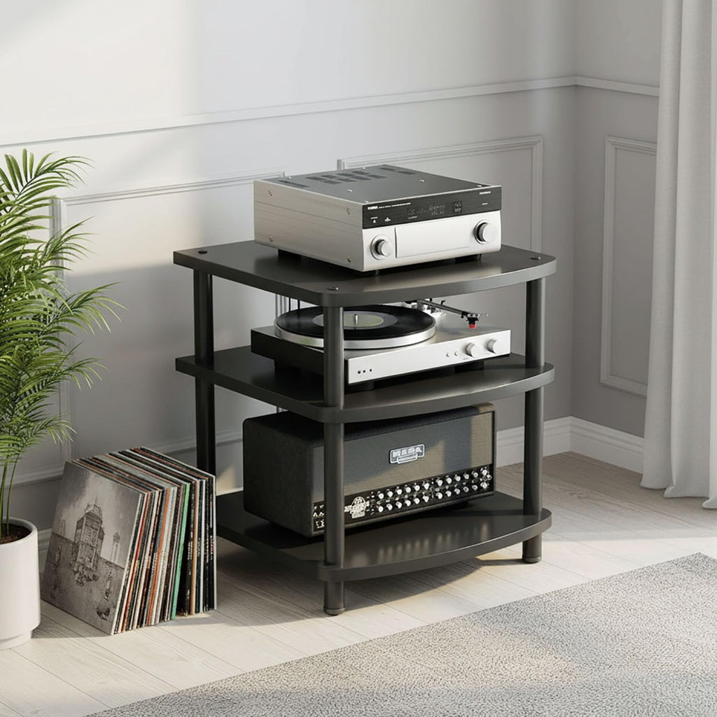 3 Tier AV Media Stand, Audio Rack Tower Adjustable Height, TV Game Console Equipment Shelf, CD Record Player Stereo Component Rack Cabinet for Home Theater Studio (Black)