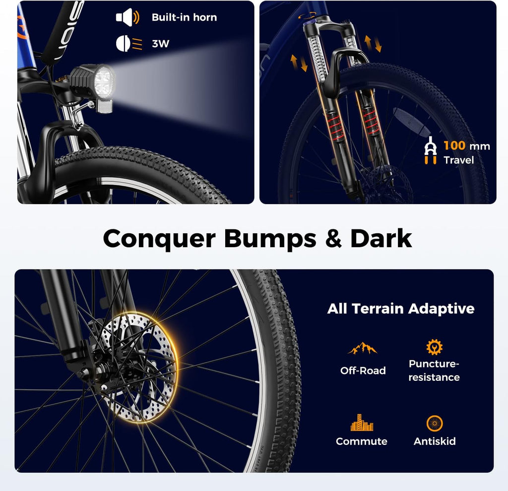 Jasion EB5 Electric Bike for Adults with Peak 1000W Brushless Motor, 40Miles 20MPH Commuting Electric Mountain Bike with 500Wh Removable Battery, 7-Speed, 26' Tires and Front Fork Suspension