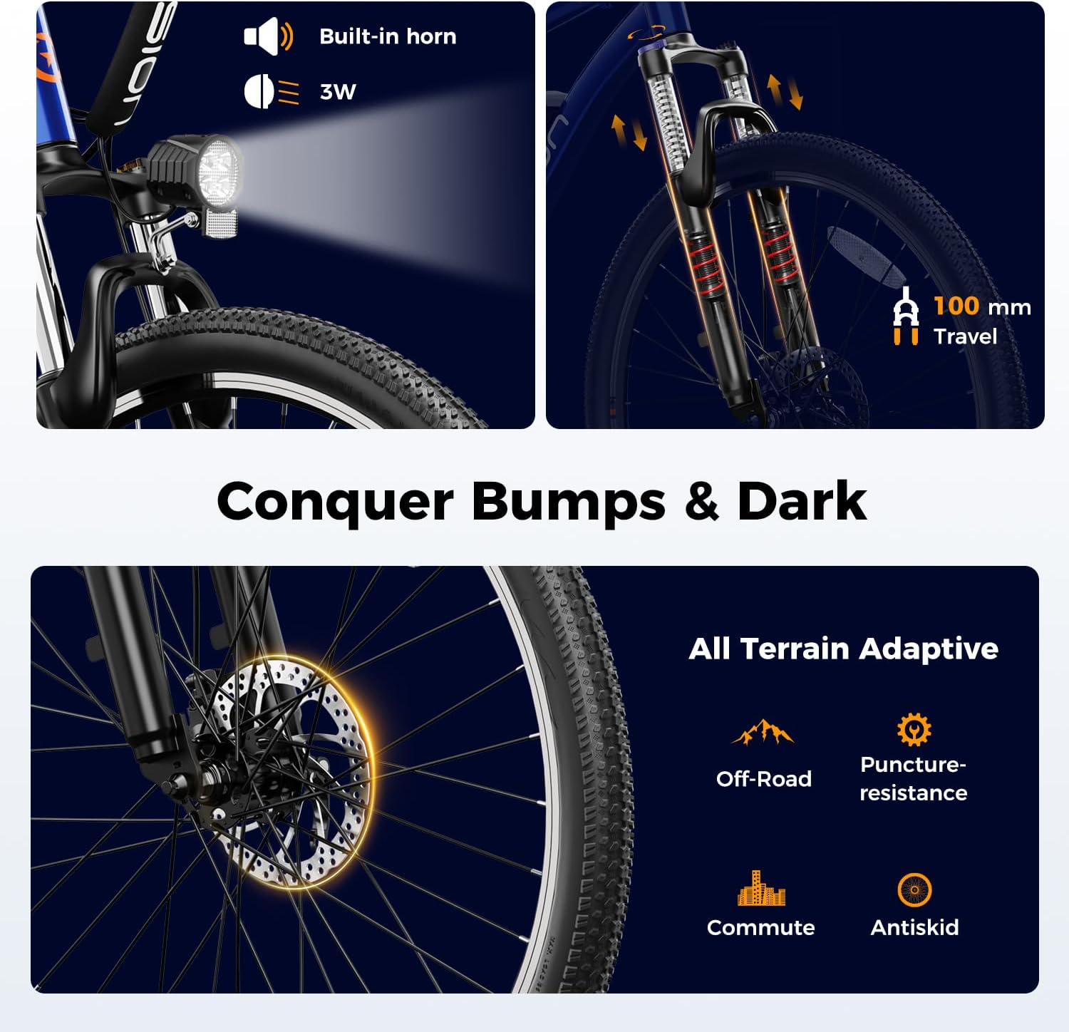 Jasion EB5 Electric Bike for Adults with Peak 1000W Brushless Motor, 40Miles 20MPH Commuting Electric Mountain Bike with 500Wh Removable Battery, 7-Speed, 26' Tires and Front Fork Suspension